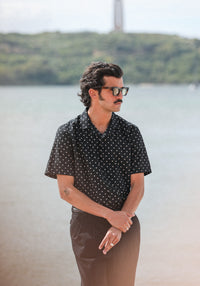 Camp Collar Japanese Polka Dot Black